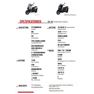TB-F6 E-Roller, max. 12KW Radnabenmotor, 2x Batterie 74V/45Ah, Typ2 Schnelladung, bis 120km/h und 170km weit, ABS, TCS, USB A,C