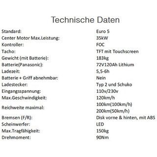 TB-RS1 E-Motorrad (125er), 120km/h, Akku 8,64kWh (72V/ 120Ah), max. L,  8.960,70 €