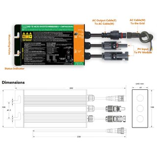 Solar Grid Micro Inverter IP55 f�r Balkon PV-Module bis 500 Watt und 18-50V DC mit LED-Anzeige, MC4 Steckverbindung, 230V Ausgang vorbereitet f�r Schukostecker