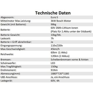 TB-F10/ Tinbot Elektroroller wei, rot, schwarz oder grau matt, 3KW Bosch Radnabenmotor, Euro5, 98kg mit Batterie 60V/ 28AH/ 1,7kWh, Zweitakku mglich, 45km/h, 60km (120km) Reichweite, ohne berfhrungskosten